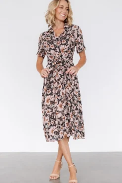 Feya Button Midi Dress | Black + Mauve Floral