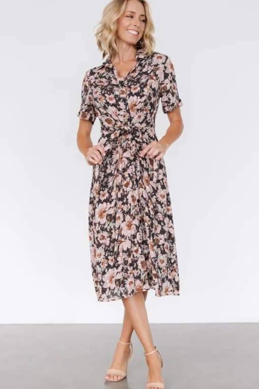 Feya Button Midi Dress | Black + Mauve Floral