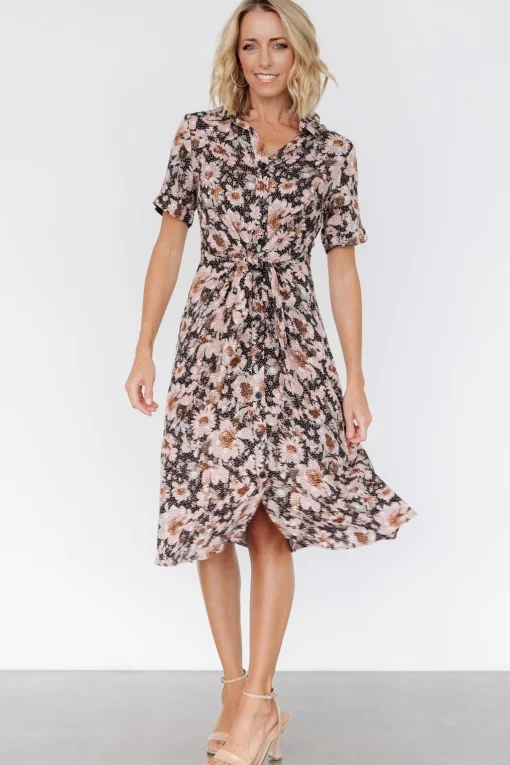 Feya Button Midi Dress | Black + Mauve Floral
