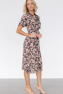 Feya Button Midi Dress | Black + Mauve Floral