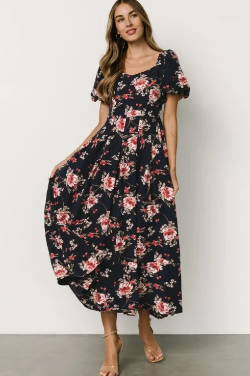 Greta Pleated Maxi Dress | Navy + Pink Floral