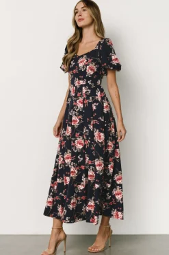 Greta Pleated Maxi Dress | Navy + Pink Floral