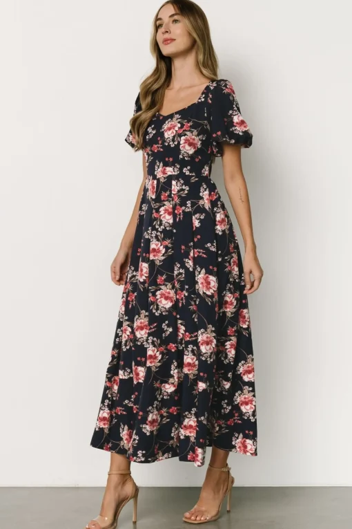 Greta Pleated Maxi Dress | Navy + Pink Floral