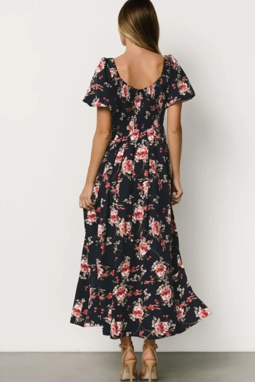 Greta Pleated Maxi Dress | Navy + Pink Floral