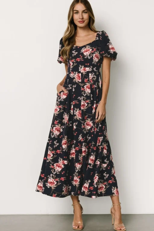 Greta Pleated Maxi Dress | Navy + Pink Floral