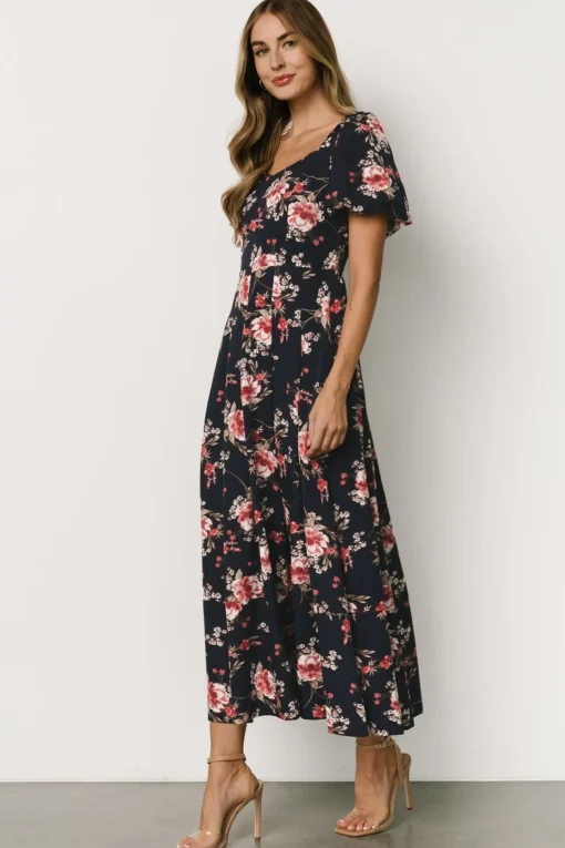 Greta Pleated Maxi Dress | Navy + Pink Floral