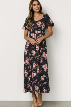 Greta Pleated Maxi Dress | Navy + Pink Floral