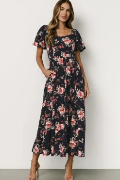 Greta Pleated Maxi Dress | Navy + Pink Floral