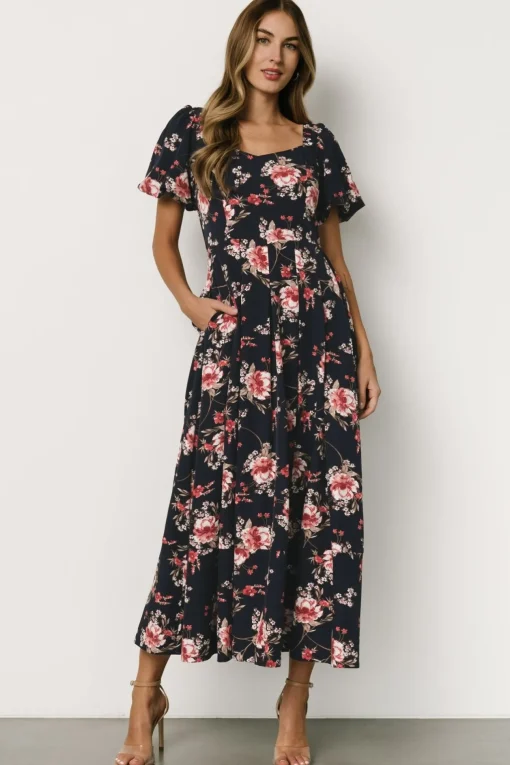 Greta Pleated Maxi Dress | Navy + Pink Floral