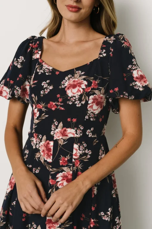 Greta Pleated Maxi Dress | Navy + Pink Floral