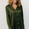 Kacey Satin Button Up Top | Dark Green