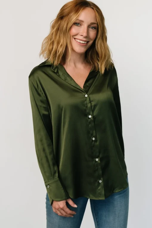Kacey Satin Button Up Top | Dark Green