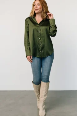 Kacey Satin Button Up Top | Dark Green