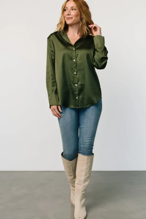 Kacey Satin Button Up Top | Dark Green