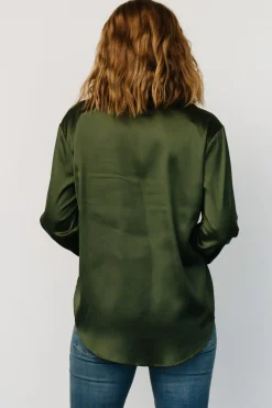Kacey Satin Button Up Top | Dark Green