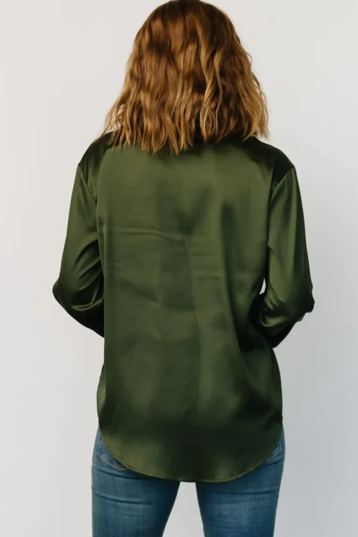 Kacey Satin Button Up Top | Dark Green