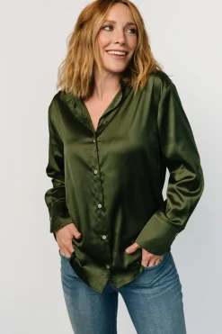 Kacey Satin Button Up Top | Dark Green