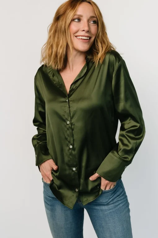 Kacey Satin Button Up Top | Dark Green