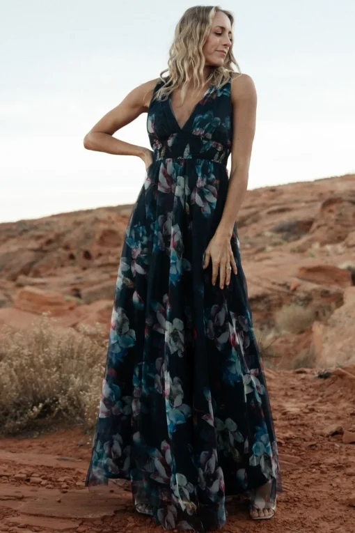 Kamila Tulle Maxi Dress | Navy Abstract Floral