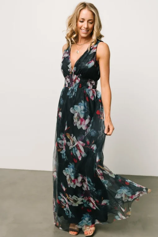 Kamila Tulle Maxi Dress | Navy Abstract Floral