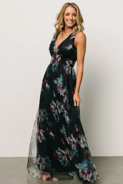 Kamila Tulle Maxi Dress | Navy Abstract Floral