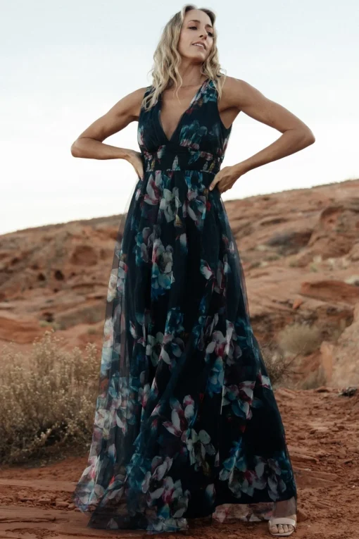 Kamila Tulle Maxi Dress | Navy Abstract Floral