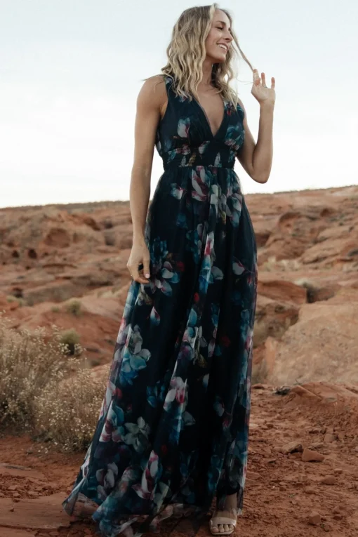 Kamila Tulle Maxi Dress | Navy Abstract Floral