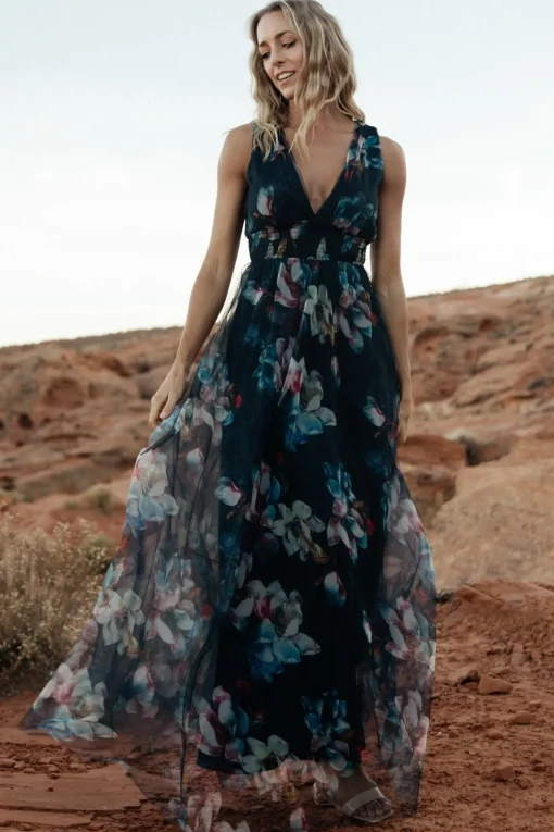 Kamila Tulle Maxi Dress | Navy Abstract Floral