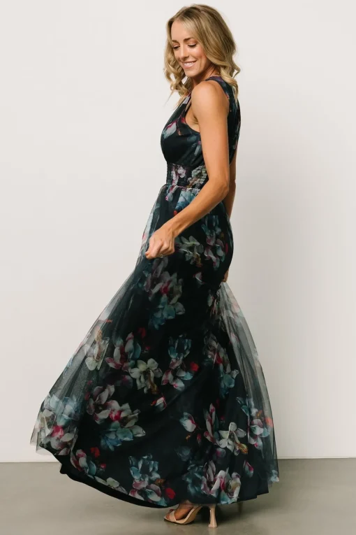 Kamila Tulle Maxi Dress | Navy Abstract Floral