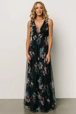 Kamila Tulle Maxi Dress | Navy Abstract Floral