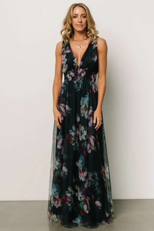 Kamila Tulle Maxi Dress | Navy Abstract Floral