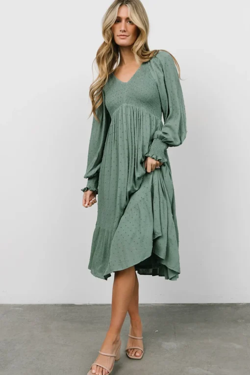 Lainey Smocked Dotted Midi Dress | Dark Sage