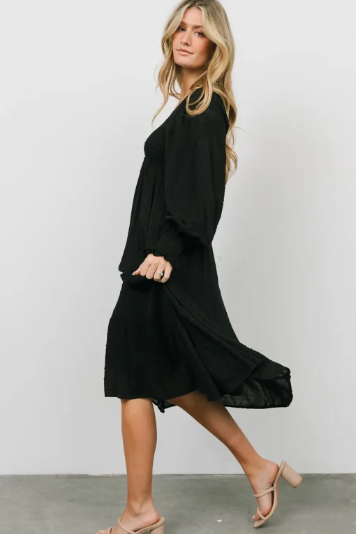 Lainey Smocked Dotted Midi Dress | Black