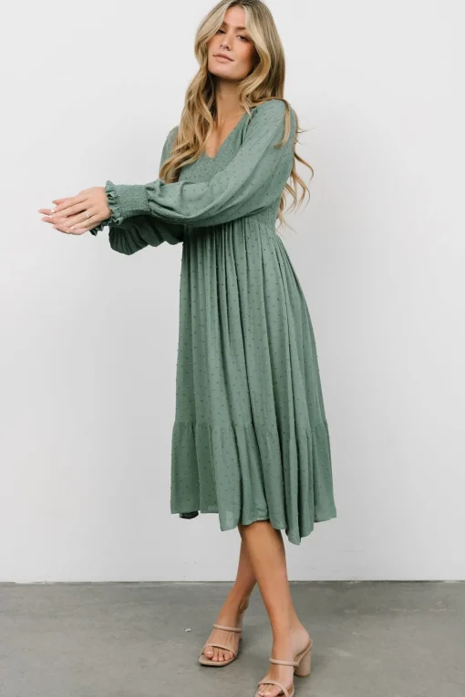 Lainey Smocked Dotted Midi Dress | Dark Sage