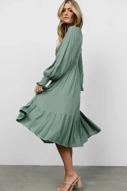 Lainey Smocked Dotted Midi Dress | Dark Sage