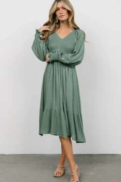 Lainey Smocked Dotted Midi Dress | Dark Sage