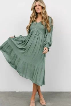 Lainey Smocked Dotted Midi Dress | Dark Sage