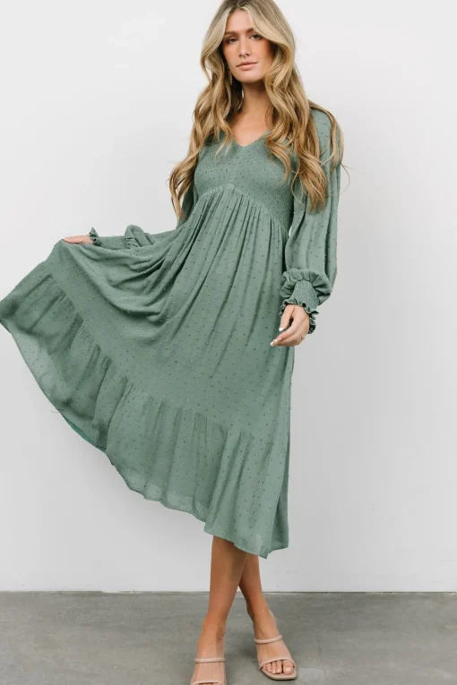 Lainey Smocked Dotted Midi Dress | Dark Sage