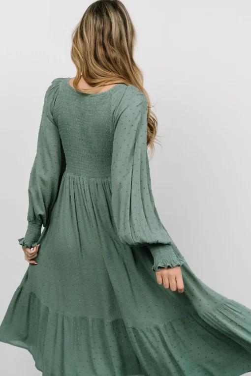 Lainey Smocked Dotted Midi Dress | Dark Sage