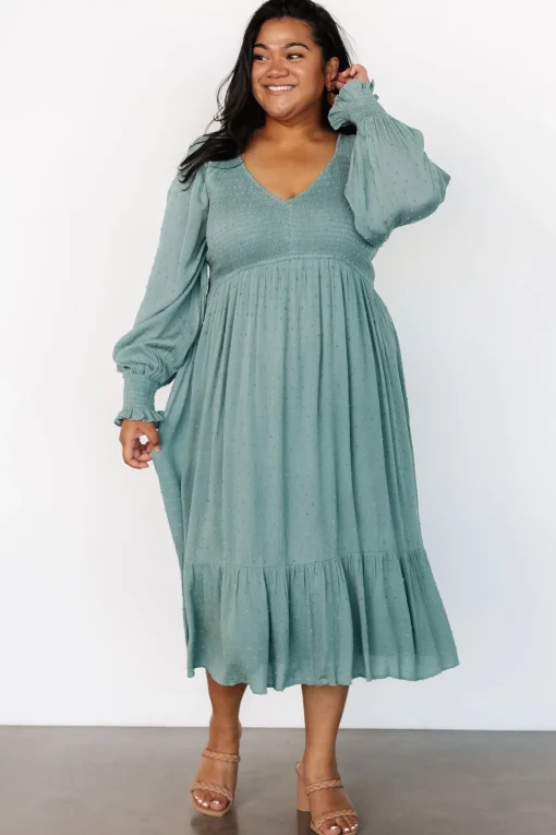 Lainey Smocked Dotted Midi Dress | Dark Sage