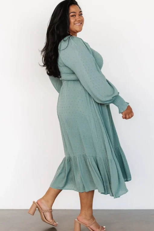 Lainey Smocked Dotted Midi Dress | Dark Sage
