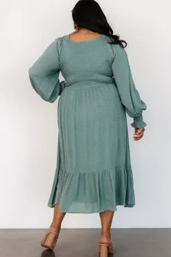 Lainey Smocked Dotted Midi Dress | Dark Sage