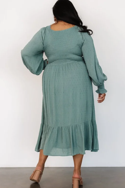 Lainey Smocked Dotted Midi Dress | Dark Sage