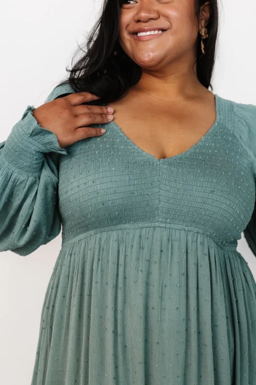 Lainey Smocked Dotted Midi Dress | Dark Sage