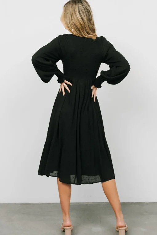 Lainey Smocked Dotted Midi Dress | Black