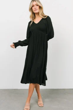 Lainey Smocked Dotted Midi Dress | Black