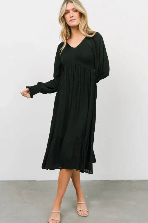 Lainey Smocked Dotted Midi Dress | Black
