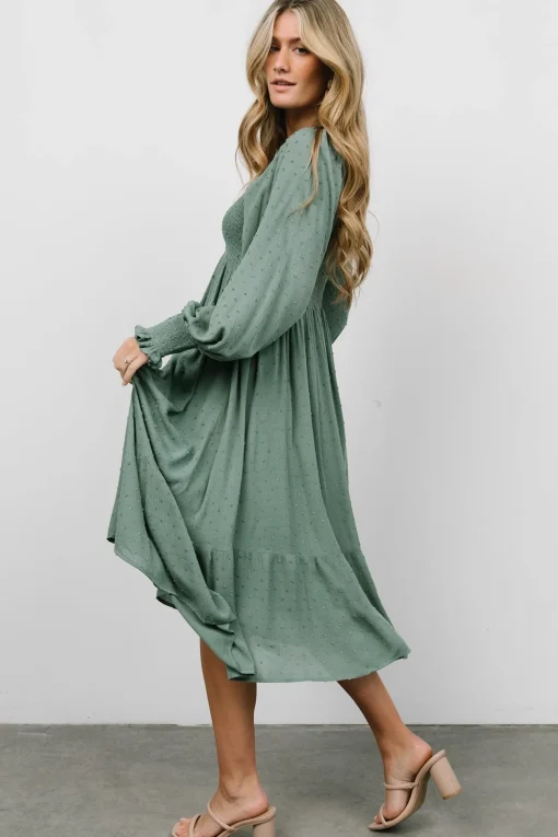 Lainey Smocked Dotted Midi Dress | Dark Sage