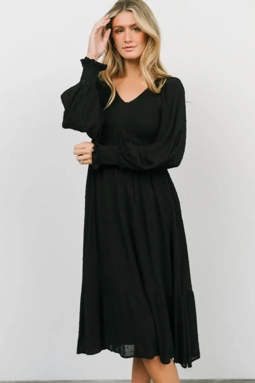 Lainey Smocked Dotted Midi Dress | Black