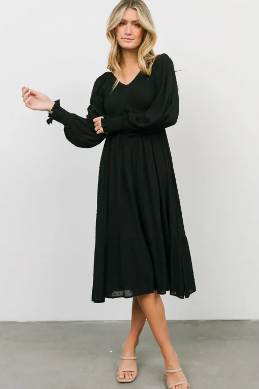 Lainey Smocked Dotted Midi Dress | Black